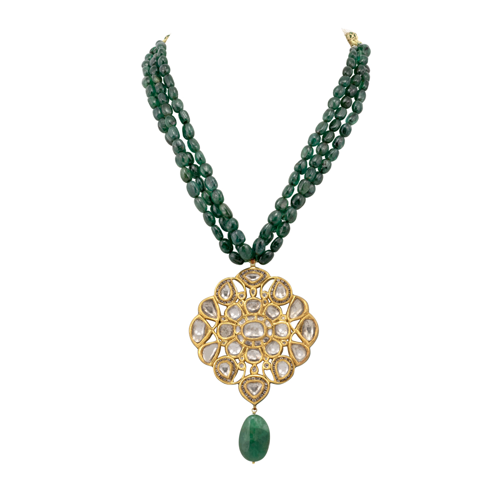 Three-Strand Zambian Emerald Necklace with Polki Pendant